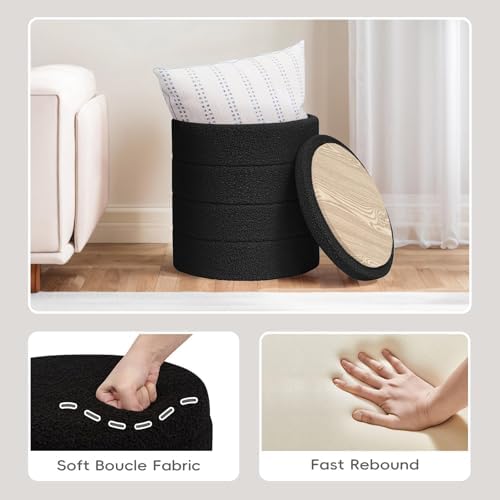 PINPLUS Compact Round Folding Storage Ottoman, Black Boucle Footstool - Image 6