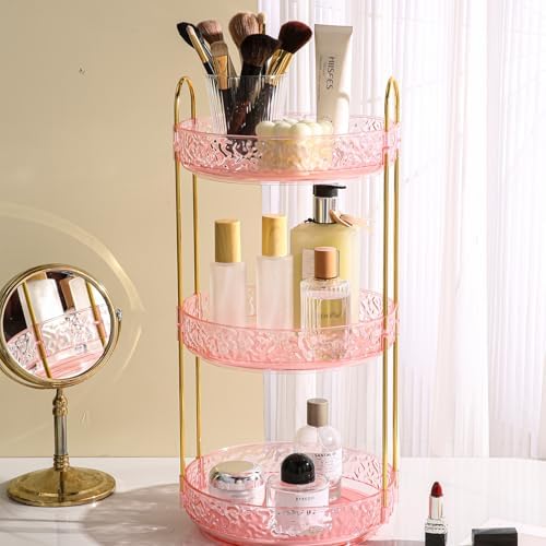 Fangoo Rotating Makeup Organizer for Vanity, 360 Spinning Cosmetic Storage, Perfume Holder for Bathroom Countertop or Dresser (Pink, 3 Tiers) by Fangoo