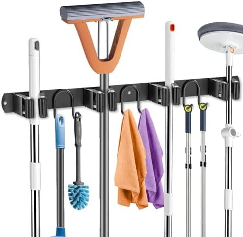 Broom Holder Wall Mount, Stainless Steel Mop Hanger with 4 Slots 6 Hooks, Tool Storage Wall Organizer for Kitchen Garden Garage Laundry Room Bathroom and RV, Black 1-Pack by GUUKAR