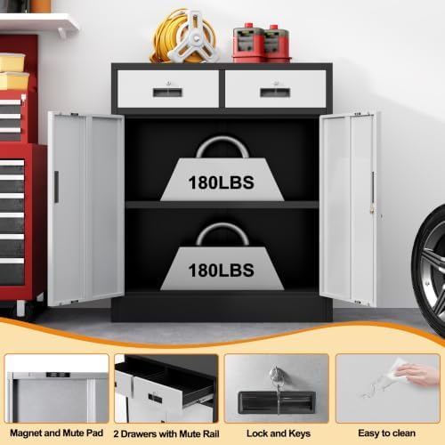 Wanfu Metal Storage Cabinet, 36" H Locking Storage Cabinet with 2 Drawers and Adjustable Shelf, Metal Cabinets for Office, Garage, Home-Black and Silver - Image 5