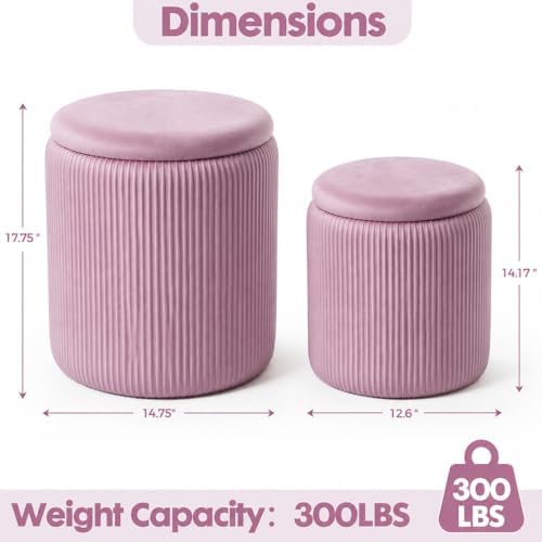 YYW HOME Pink Velvet Round Ottoman with Storage Set of 2 - Image 3