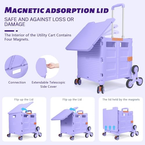 Foldable Utility Cart Collapsible Portable Crate Rolling Carts with Stair Climbing Wheels Tote Basket with Magnetic Lid Telescopic Cover Wear-Resistant 360°Rotate Wheel Noiseless for Shopping Office - Image 2