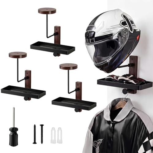 Helmet Holder Wall Mount with Shlef, Helmet Storage Rack with Hooks, Solid Wood & Strong Aluminum Design for Motorcycle, Bike, Football, Racing, Skiing Sports Gear, Jackets & Hats (Brown*3) by Unknown