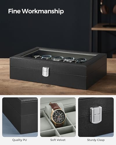 SONGMICS Watch Box, 12-Slot Watch Case Organizer with Large Glass Lid, Removable Pillows, Gift for Loved Ones, Black Synthetic Leather, Gray Lining UJWB12BK - Image 3