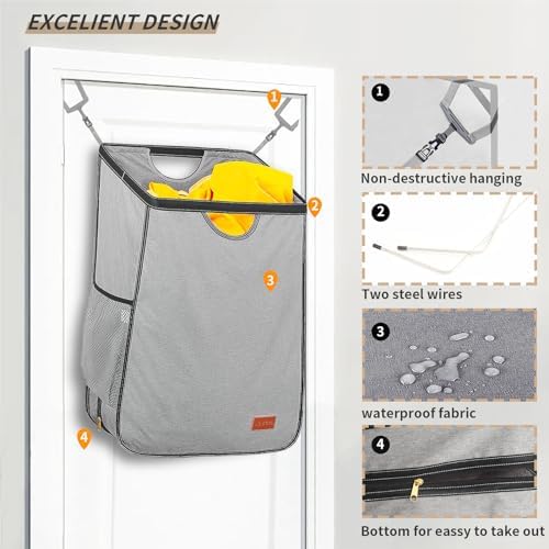Ligereza Hanging Laundry Hamper Bag is Suitabled for Any Door- Large Capacity Hanging Laundry Basket Won't Scratch the Door Paint -Over the Door Laundry Hamper with Big Metal Rim Opening - Image 5