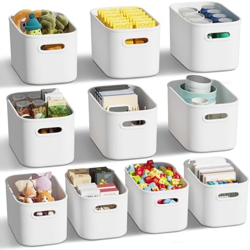 ORGIDOL 10 Pack White Plastic Storage Bins, Storage Container for Organizing, Storage Boxes with Handle for Shelves, Cute Organizer Bins for Craft, Snacks, Pantry, Cabinet, 9.69x6.7x5.7 inch by ORGIDOL