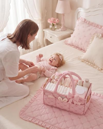 Blissful Diary Baby Diaper Caddy Organizer, Nursery Basket, Bow Light Pink - Image 6