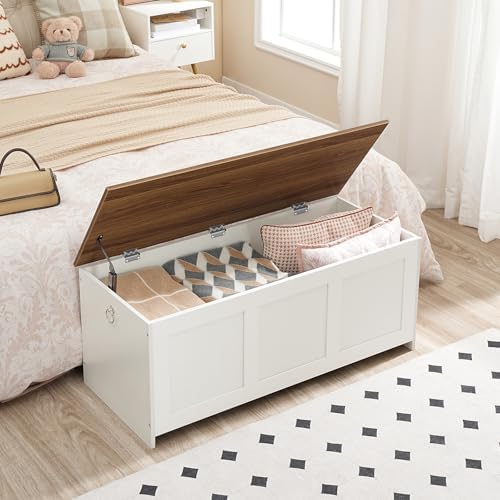 HOOBRO Storage Bench, 39.3" Retro Wooden Storage Chest, Wooden Storage Trunk, Toy Chest with Lift Top, Multifunctional Entryway Organizer, for Entryway, Living Room, White and Walnut WH141CW01G1 - Image 2