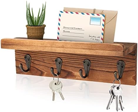 Key Holder Wall Mount, Farmhouse Wall Shelf with 4 Hooks for Entryway by Hronrad