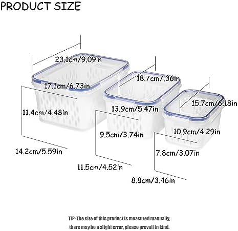 Fruit and Vegetable Storage Containers for Fridge, 6 Pcs/3 Sets Keep Fresh Produce Saver Containers Keeper, Food Storage Containers with Removable Colander (blue) - Image 2