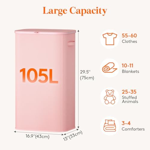 Lifewit 105L Large Laundry Hamper with Lid, Removable Inner Bag, Pink - Image 3
