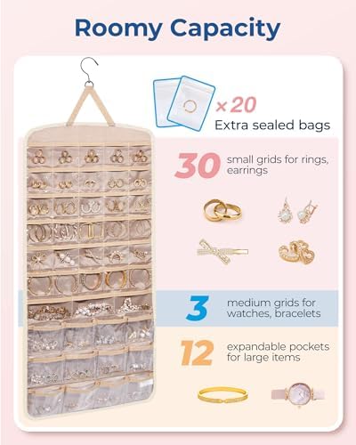 BAGSMART Hanging Jewelry Organizer, Necklace Holder, Extra Large Beige - Image 3
