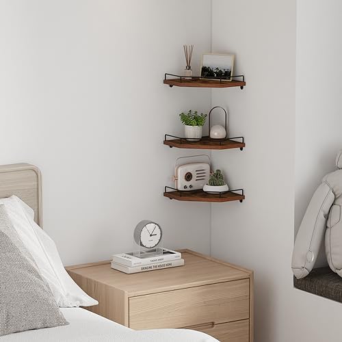 HORLIMER Set of 3 Floating Corner Shelf Wall Mount with Fence, Brown - Image 2