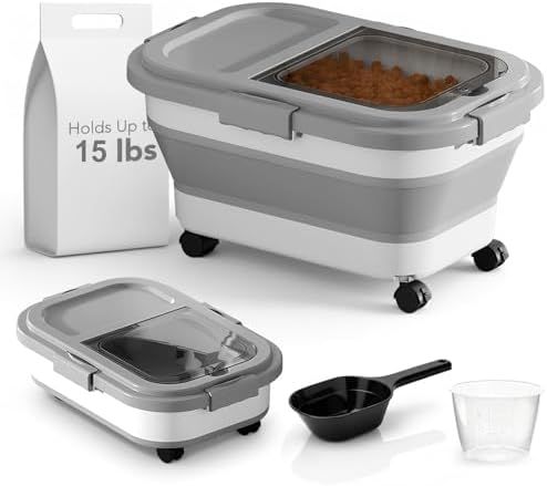 Summark 15 Lbs Dog/Cat Food Storage Container,Collapsible Food Storage Containers with Rolling Wheel Airtight Locking Lid,Pet Food Storage Container with Cup and Scoop,Grey by Summark