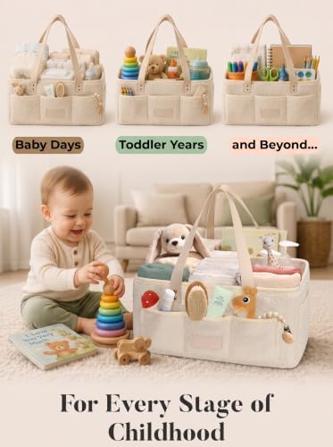 Baby Diaper Caddy Organizer with Waterproof Changing Pad, Beige - Image 6