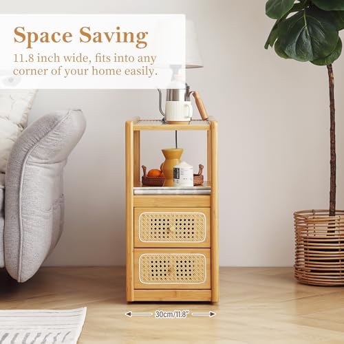 Tiita Rattan Nightstand, Bamboo End Table with Glass Top & Storage, Wood - Image 6