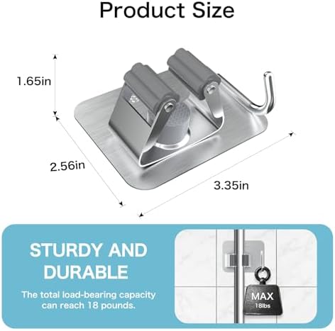 2P No Drill Self Adhesive Broom Mop Holder Wall Mount with Hooks Silver - Image 2