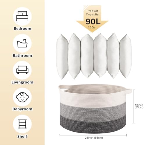 OIAHOMY 90L Extra Large Blanket Basket - Decorative Cotton Rope Storage Basket for Bedroom, Living Room & Nursery - Woven Laundry Hamper for Organizing Blankets, Clothes & Toys - Gradient Grey - Image 3