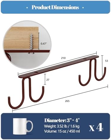 Luckinow Mug Hooks Under Cabinet 3 Pack, Coffee Cup Hooks for Hanging Under Shelf, Mug Organizer Rack with 12 Hooks for Displaying Mugs, Coffee Cups and Kitchen Utensils, Brown - Image 5