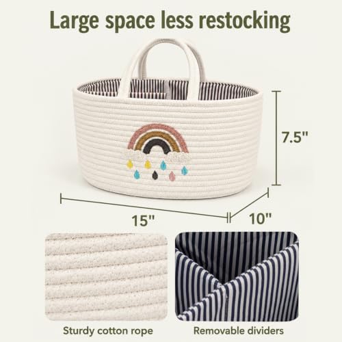 Baby Diaper Caddy Organizer, Cotton Woven Rope, Portable Nursery Storage Basket with Changeable Compartments, Newborn Gift (Rainbow) - Image 2