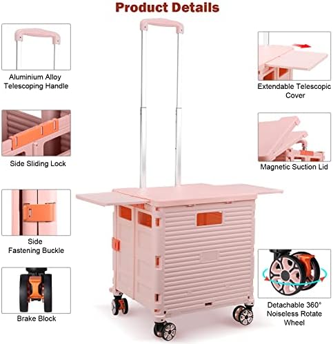 Foldable Utility Cart Collapsible Portable Crate Rolling Carts with Wheels Tote Basket with Magnetic Lid Telescopic Cover Wear-Resistant 360°Rotate Wheel Noiseless for Shopping Storage Office Use - Image 3