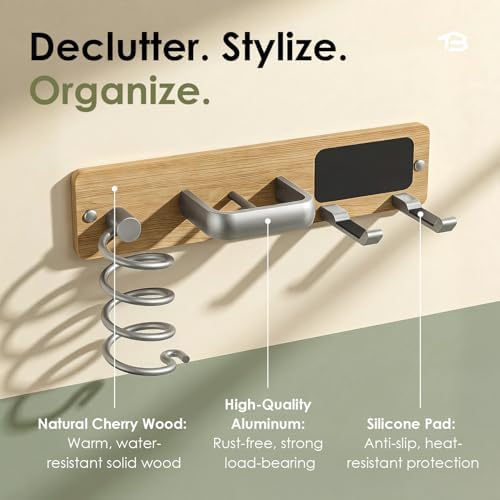 Tindbea Upgraded Cherry Wood Hair Dryer Holder Wall Mounted,3-in-1 Hair Tool Organizer for Blow Dryer, Curling iron, and Straightener, Blow Dryer Holder for Bathroom, Vanity, Brushed Nickel - Image 3