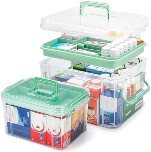 2 Pack Clear Medicine Organizer Storage Box with Handle & Tray - Thickened Plastic Empty First Aid Box, Multipurpose Medical Container with Lids/Labels, Medication Caddy for Home, Baby, Elderly, Dorm by guaiboshi