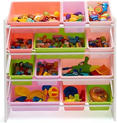 Amazon Basics Kids Toy Storage Organizer with 12 Plastic Bins, White Wood with Pink Bins, for Bedroom and Playroom, 33.85"D x 12.79"W x 35.42"H - Image 4