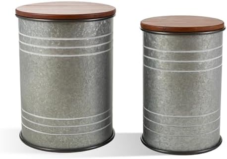 Glitzhome Rustic End Table Set of 2, Farmhouse Galvanized Metal Barrel Ottoman Storage Stool with Round Wood Lid for Living Room Furniture, Grey by Glitzhome