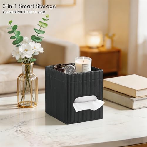 Tissue Box Cover with Storage Tray, PU Leather Square Tissue Box Holder - Image 2