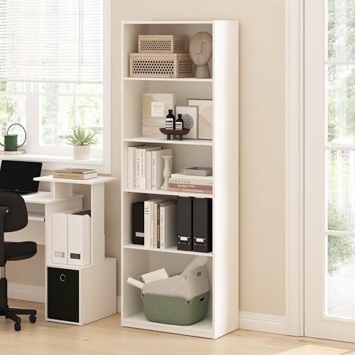 Furinno GEHRY Book Shelf, 5-Tier Bookshelf with Open Shelf, Standing Bookcase with Adjustable Shelves, 11.6 x 24.8 x 71.4, for Living Room, Bedroom, Home Office, White - Image 2