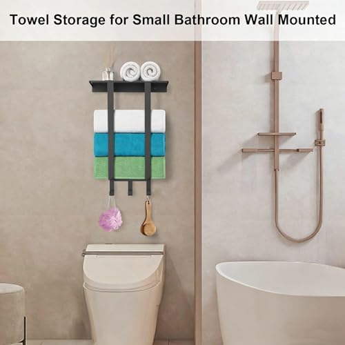 Roll Towel Racks for Bathroom, Bethom Small Wall Shelf with Hooks, Black - Image 6