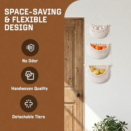 Cotton Hanging Fruit Basket, 3 Tier Woven Wall Basket, Hanging storage baskets for Kitchen and Bathroom, Macrame Wall Hanging, Boho Decor Over The Door Organizer, White - Image 4