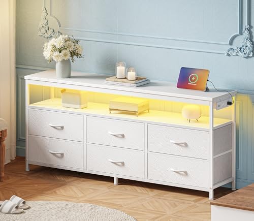 Huuger LED TV Stand for Bedroom, 55 Inch Fabric Dresser with Power Outlets, Entertainment Center for 60, 55, 50 Inch TV, 6 Drawer Dresser for Bedroom, Chest of Drawers with Shlef, PU Leather, White - Image 3