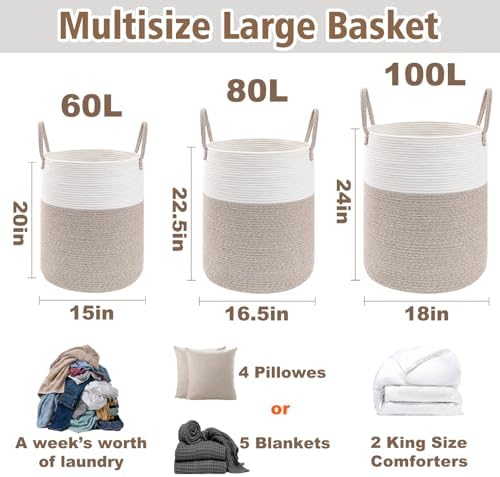 JMvicyroam 80L Cotton Rope Laundry Basket Hamper, Brown - Image 3