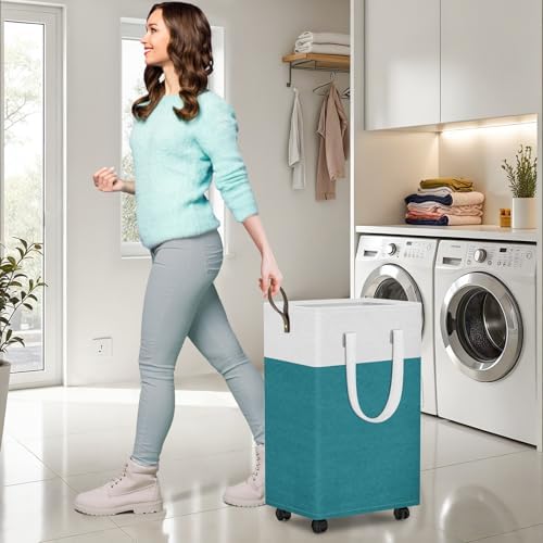 HomeHacks 90L Rolling Laundry Basket with 4 Wheels Collapsible Green - Image 4