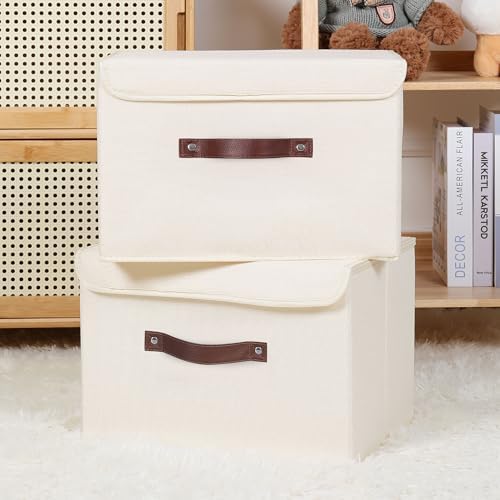 ANMINY Fabric Storage Box Bins with Lids, Beige, 13"x9"x7.9", 2 Pack - Image 2