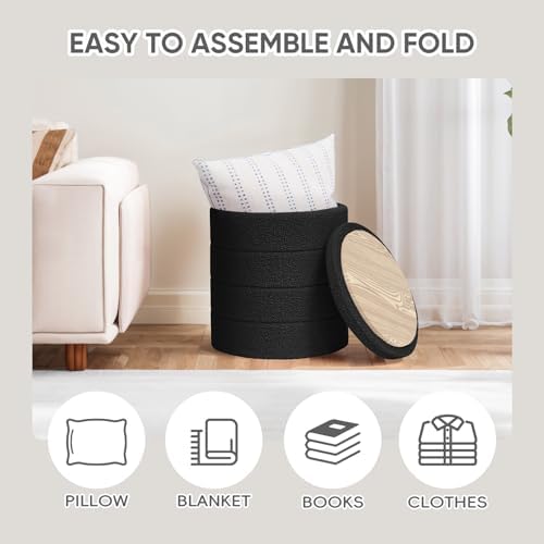 PINPLUS Compact Round Folding Storage Ottoman, Black Boucle Footstool - Image 3
