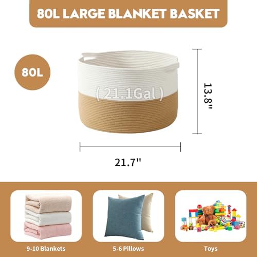 Foldable Laundry Hamper Basket with Collapsible Handle Cotton Rope Soft Woven Fabric Storage Organizer Clothes Toys Nursery Bedroom Dorm Space Saving Bin (White & Camel, 80L(21.7"D x 13.8"H)) - Image 5