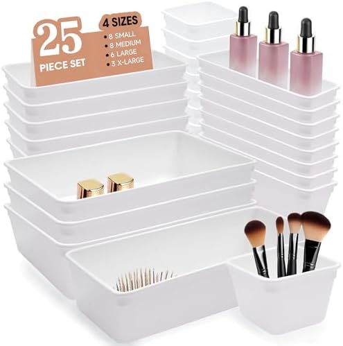 Kitchen Desk Drawer Organizers Storage for Office, Small Acrylic Vanity Trays Makeup for Drawer Bathroom Plastic Make up Organizers 25 Pcs White by Unknown