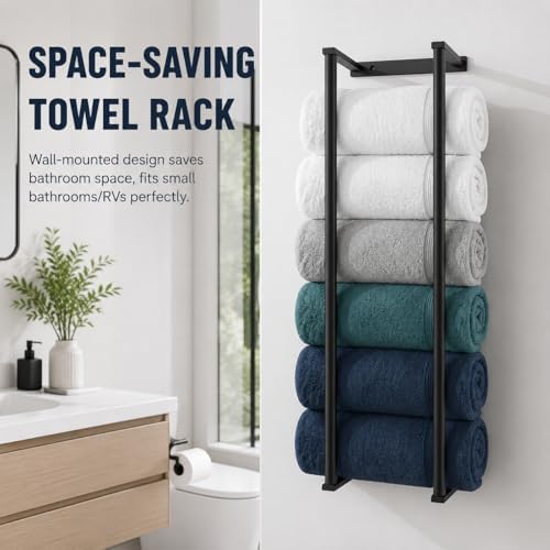Bathroom Towel Storage Rack, 28 Inch Vertical Towel Holder Wall Mounted Organizer, Rustproof Stainless Steel, Large Capacity, Black - Image 2