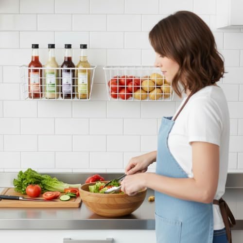 Hanging Kitchen Baskets Adhesive Sturdy Wire Storage Baskets with Kitchen Food Pantry Bathroom Shelf Storage No Drilling Wall Mounted,White,4 Pack - Image 3