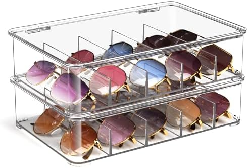 Sunglasses Organizer, Acrylic Clear Plastic Stackable Sunglasses Case with 5 Compartments,Glasses Organizer by FUNGRINS