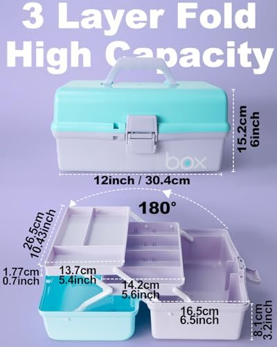TERGOO 12in 3-Layer Plastic Craft Organizers and Storage, Portable Folding Tackle Box with Handle & Adjustable Dividers, Multipurpose Case for Sewing, Art Supplies, Medicine, Tools (Purple Blue) - Image 2
