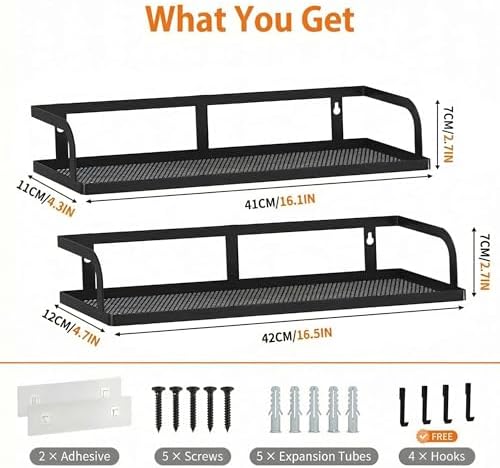 PUSDON 2-Pack 16.5" Extra Long Slim Hollowout Shower Caddy, Wall Mount Spice Rack & Bathroom Organizer, Mesh Bottom Cabinet Door Shelf Holds 50LBS - Matte Black, Hollowout - Image 3