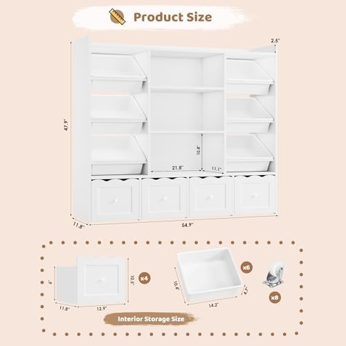 HITHOS 55" W Kids Toy Storage Organizer with 10 Toy Box & Book Shelf, White - Image 2