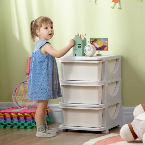Qaba 3 Drawers Kids Storage Unit 3 Tier Toy Organizers Cream White - Image 2