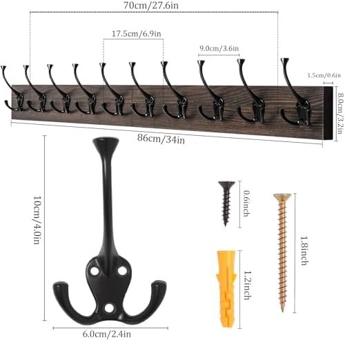 IBosins Vintage Wall Mounted Coat Rack, 34" Long with 10 Black Tri-Hooks - Image 2