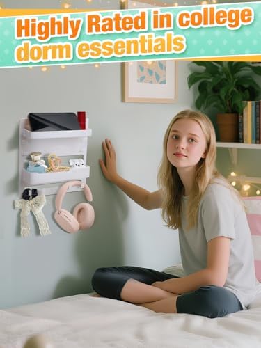 Bedside Wall Organizer Shelf Storage with Cable Clips, Dorm Room Must Haves - Image 4