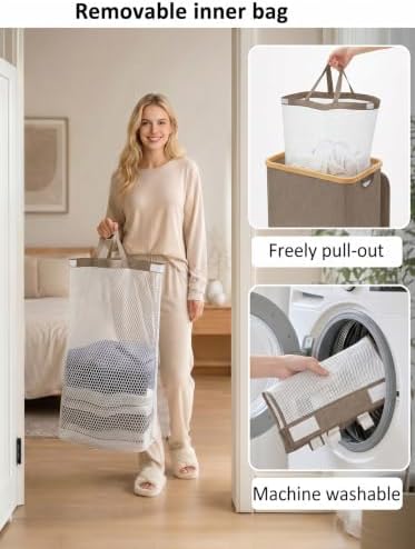 IEGrow Laundry Hamper with Lid,110L Laundry Basket with Mesh Bags,Brown - Image 4